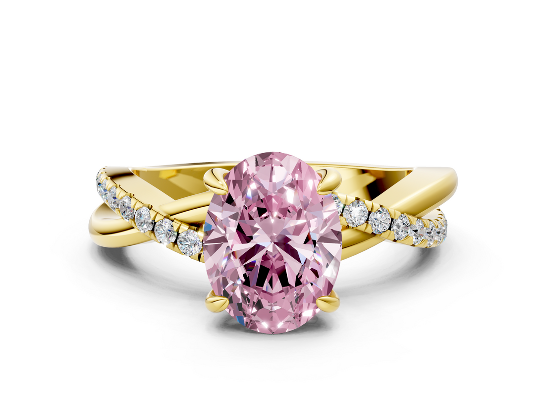 Yellow gold Fancy Pink Oval  Cut Twist Band Solitaire Diamond Ring with Pavé Setting_3