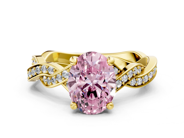 Yellow gold Fancy Pink Oval  Cut Twisted Pavé Band Solitaire Ring with Four-Prong Setting