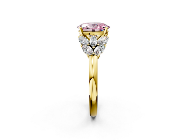 Yellow Gold Oval Cluster Leaf Engagement Ring Setting for Fancy Pink Center with Marquise Accents
