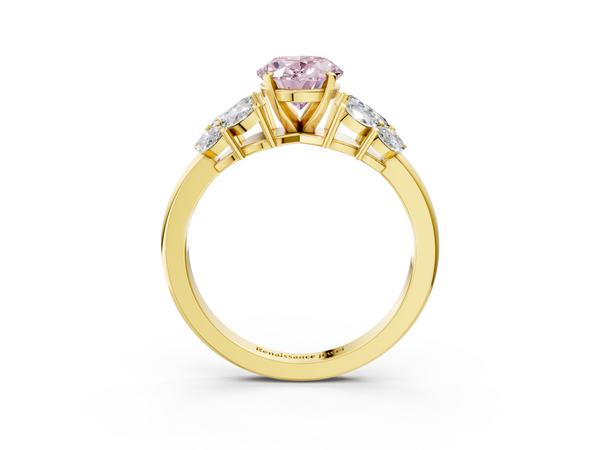 Yellow Gold Oval Cluster Leaf Engagement Ring Setting for Fancy Pink Center with Marquise Accents