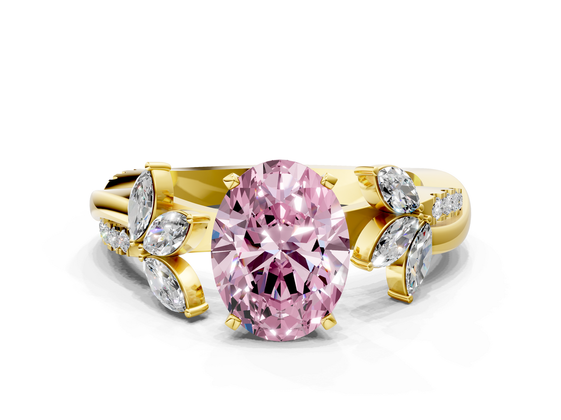 Yellow gold Fancy Pink Oval  Diamond Floral Vine Solitaire Engagement Ring_3