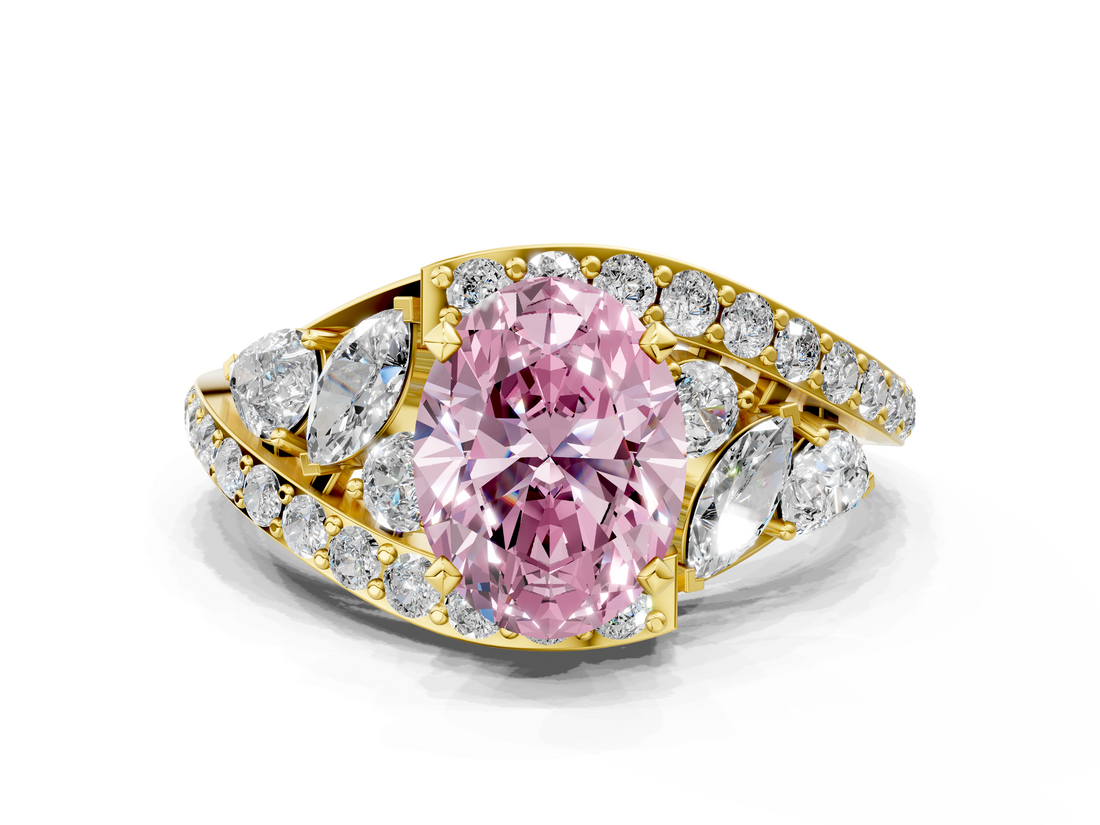 Yellow gold Fancy Pink Oval  Diamond Halo Ring with Marquise and Pavé Band in Prong Setting_73
