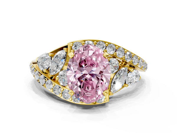 Yellow gold Fancy Pink Oval  Diamond Halo Ring with Marquise and Pavé Band in Prong Setting