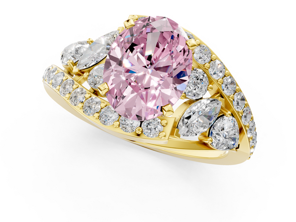 Yellow gold Fancy Pink Oval  Diamond Halo Ring with Marquise and Pavé Band in Prong Setting