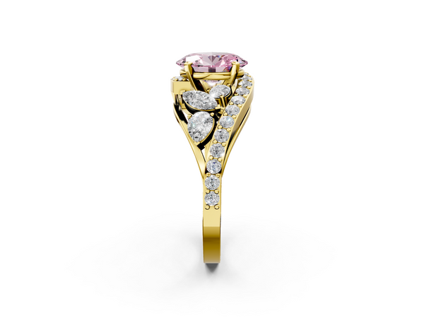 Yellow gold Fancy Pink Oval  Diamond Halo Ring with Marquise and Pavé Band in Prong Setting