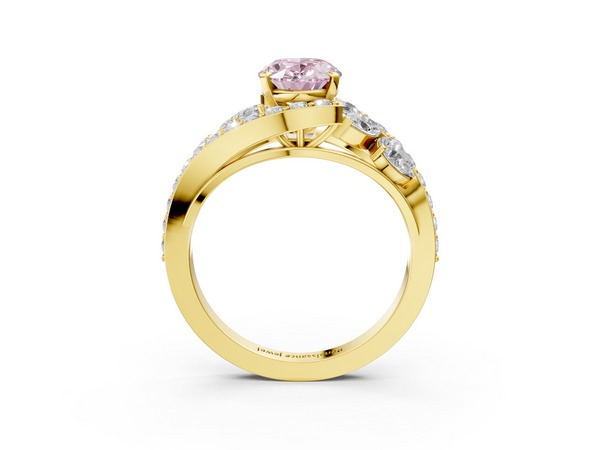Yellow gold Fancy Pink Oval  Diamond Halo Ring with Marquise and Pavé Band in Prong Setting