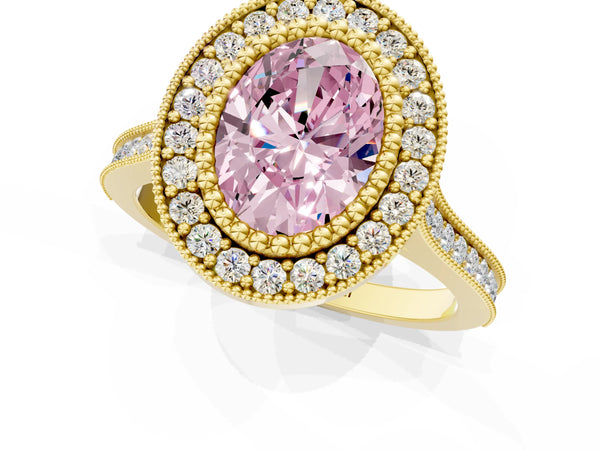 Yellow gold Fancy Pink Oval  Diamond Halo Ring with Milgrain Frame and Pavé Band