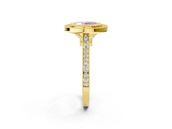 Yellow gold Fancy Pink Oval  Diamond Halo Ring with Milgrain Frame and Pavé Band