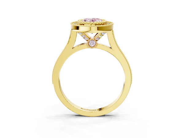 Yellow gold Fancy Pink Oval  Diamond Halo Ring with Milgrain Frame and Pavé Band