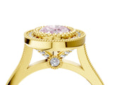 Yellow gold Fancy Pink Oval  Diamond Halo Ring with Milgrain Frame and Pavé Band_64