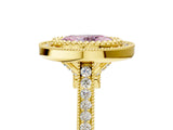 Yellow gold Fancy Pink Oval  Diamond Halo Ring with Milgrain Frame and Pavé Band_65
