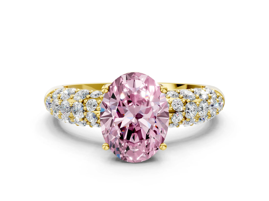 Yellow gold Fancy Pink Oval  Diamond Pavé Band Solitaire Ring with Four-Prong Setting_49