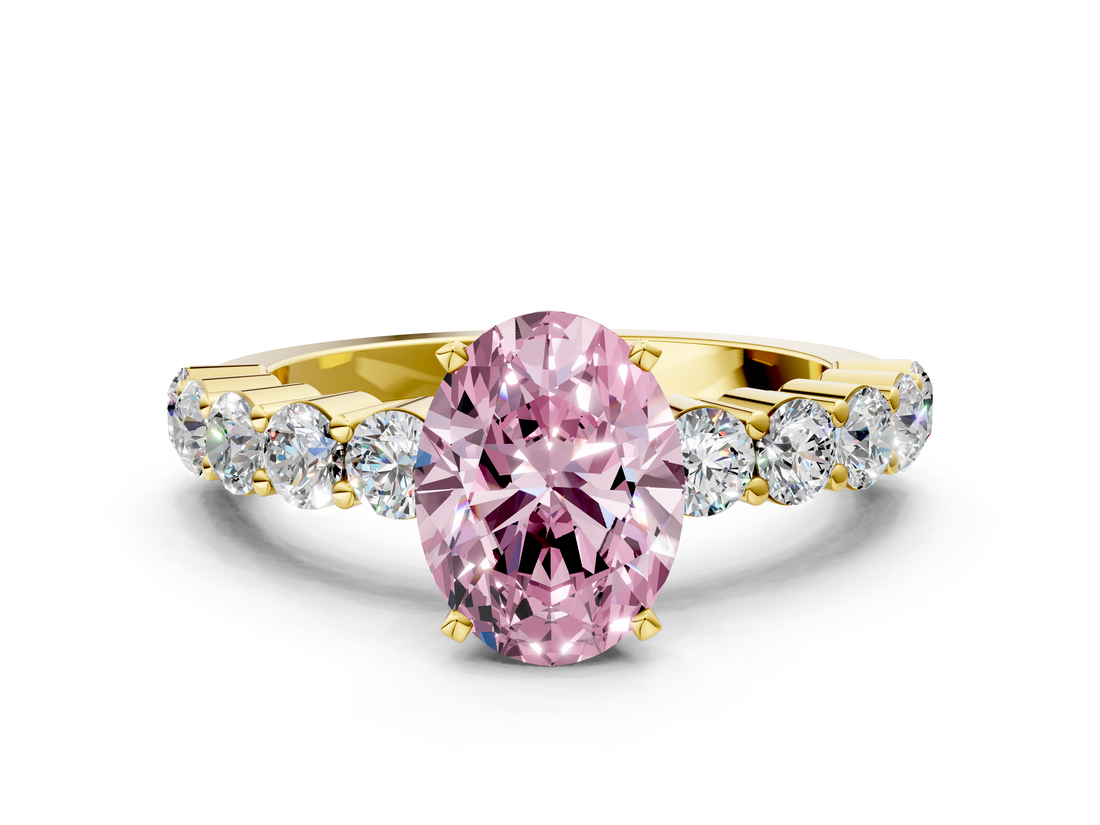 Yellow gold Fancy Pink Oval  Diamond Pavé Band Solitaire with Four-Prong Setting_3