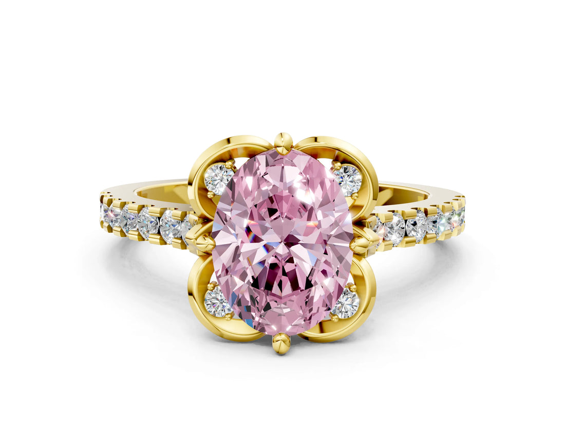 Yellow gold Fancy Pink Oval  Diamond Pave Band with Floral Prong Setting_27
