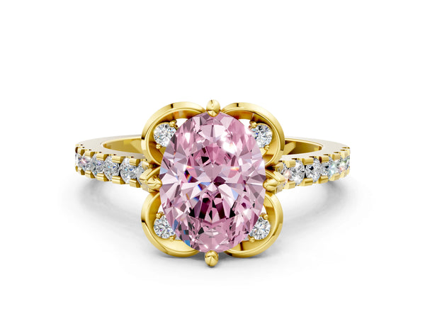 Yellow Gold Oval Floral Petal Pave Engagement Ring Setting for Fancy Pink Center