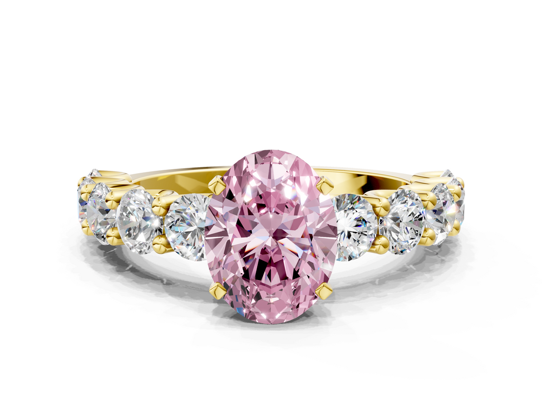 Yellow gold Fancy Pink Oval  Diamond Prong Setting with Side Stones on a Pave Band_137