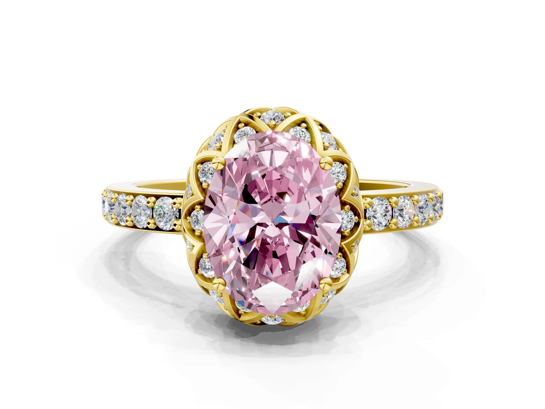 Yellow gold Fancy Pink Oval  Diamond Solitaire Ring with Shared Prong Pavé Band_66