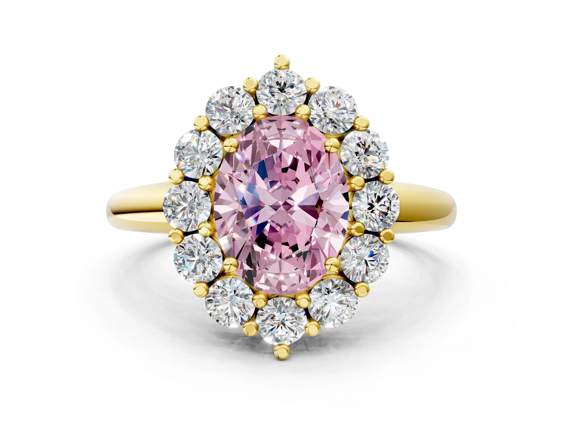 Yellow gold Fancy Pink Oval  Halo Cluster Diamond Engagement Ring with Prong Setting and Polished Band_51