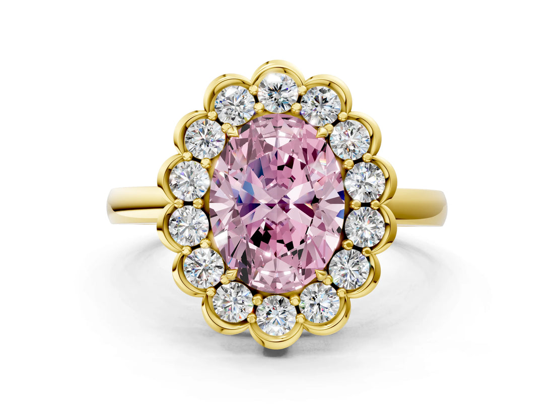 Yellow gold Fancy Pink Oval  Halo Cluster Diamond Engagement Ring with Solitaire Band and Prong Setting_66