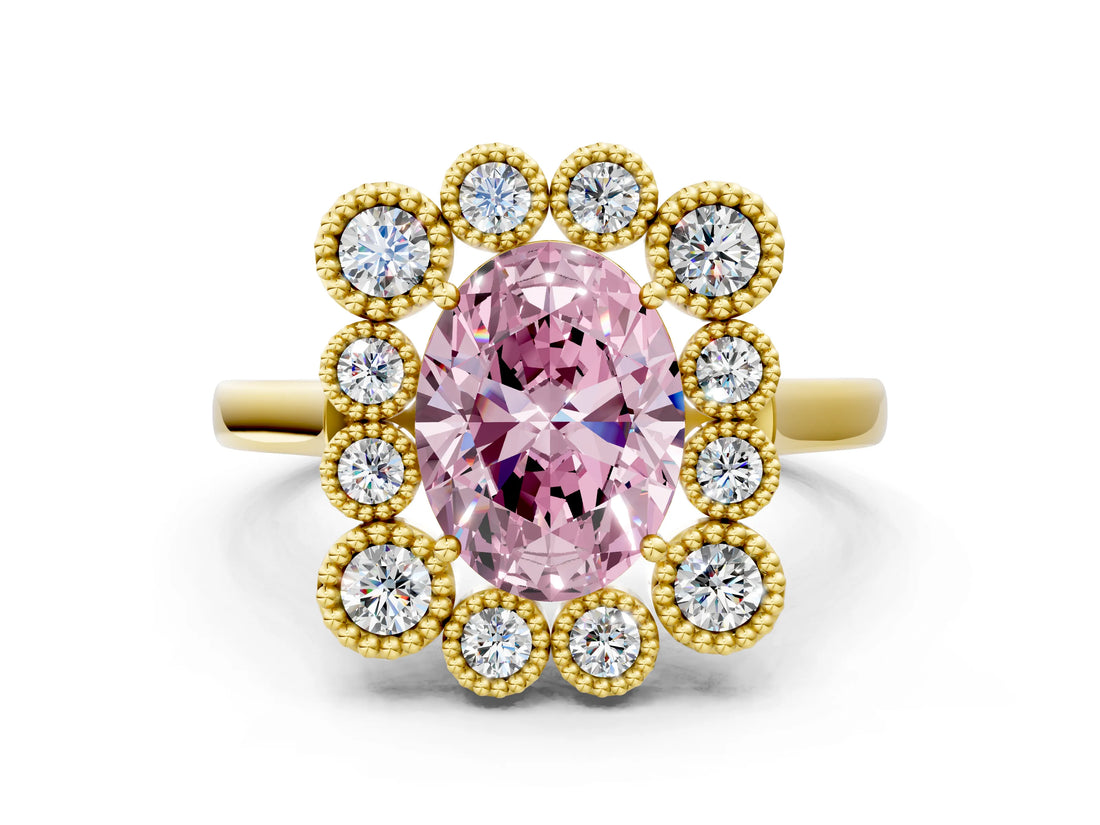 Yellow gold Fancy Pink Oval  Halo Diamond Cluster Engagement Ring with Milgrain Bezel Setting and Solitaire Band_27