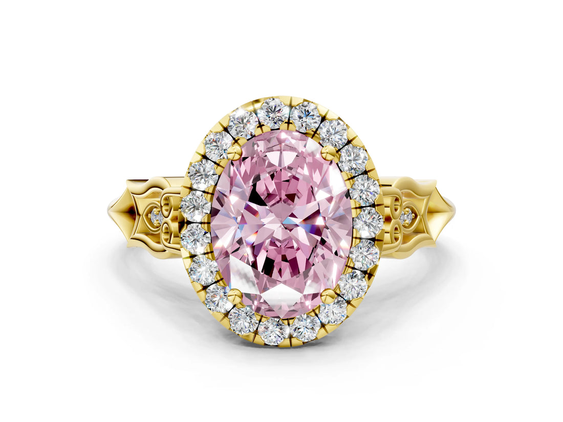 Yellow gold Fancy Pink Oval  Halo Diamond Engagement Ring with Filigree Band and Four-Prong Setting_81