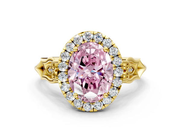 Yellow gold Fancy Pink Oval  Halo Diamond Engagement Ring with Filigree Band and Four-Prong Setting