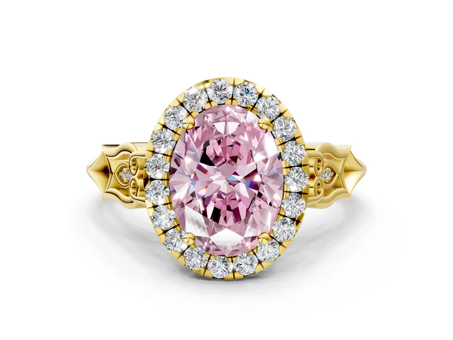 Yellow gold Fancy Pink Oval  Halo Diamond Engagement Ring with Filigree Band and Four-Prong Setting