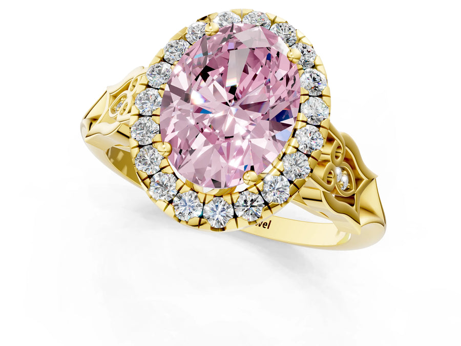 Yellow gold Fancy Pink Oval  Halo Diamond Engagement Ring with Filigree Band and Four-Prong Setting