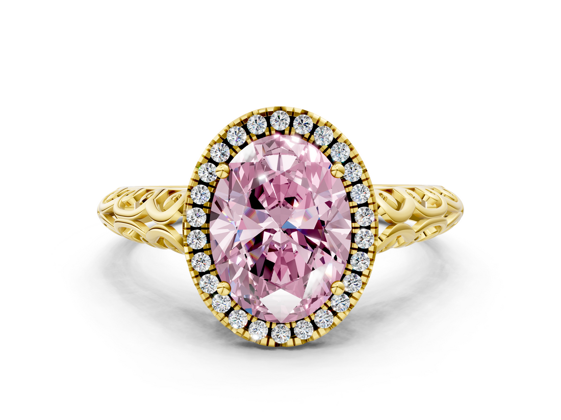Yellow gold Fancy Pink Oval  Halo Diamond Engagement Ring with Intricate Filigree Band and Four-Prong Setting_37