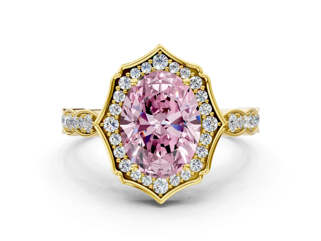 Yellow gold Fancy Pink Oval  Halo Diamond Engagement Ring with Milgrain Band and Four-Prong Setting_54
