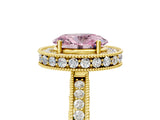 Yellow gold Fancy Pink Oval  Halo Diamond Engagement Ring with Milgrain Pave Band and Four-Prong Setting_176