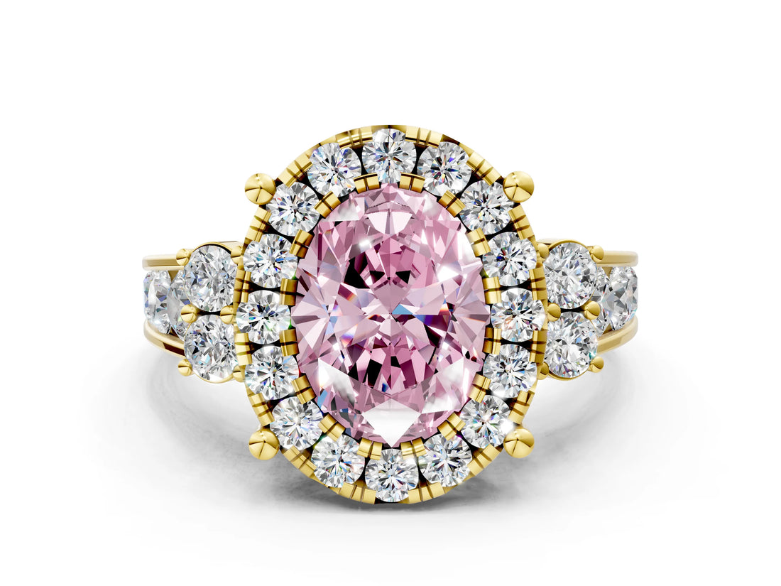 Yellow gold Fancy Pink Oval  Halo Diamond Engagement Ring with Split Shank and Four-Prong Setting