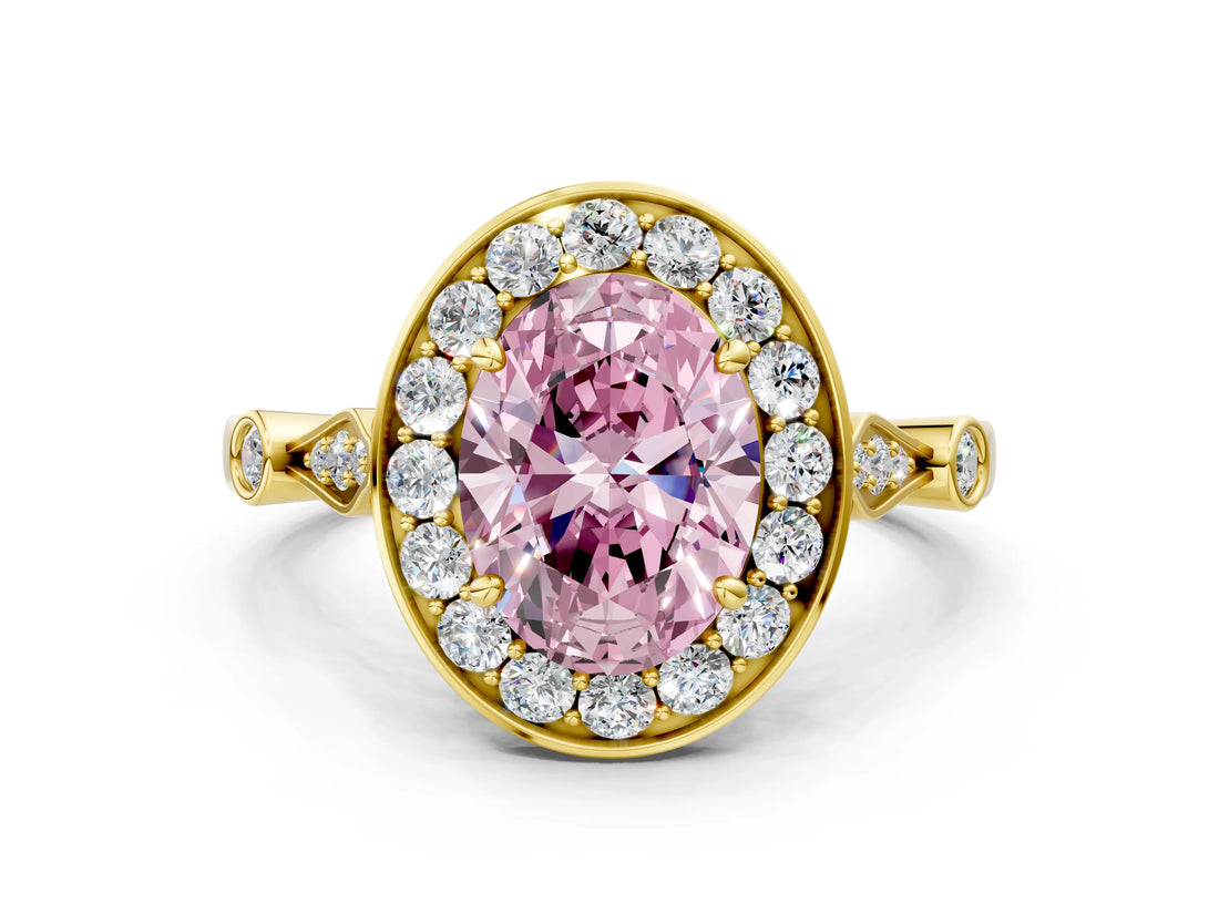 Yellow gold Fancy Pink Oval  Halo Diamond Engagement Ring with Twisted Band and Four-Prong Setting