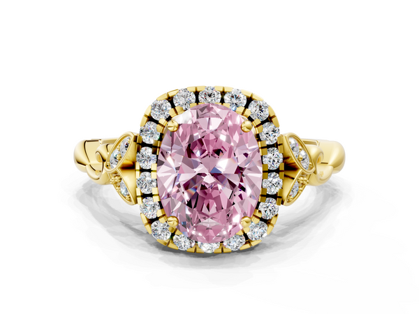 Yellow gold Fancy Pink Oval  Halo Diamond Engagement Ring with Vintage-Inspired Band and Four-Prong Setting