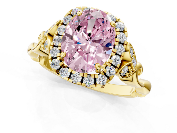 Yellow gold Fancy Pink Oval  Halo Diamond Engagement Ring with Vintage-Inspired Band and Four-Prong Setting