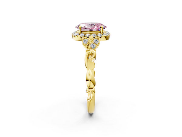 Yellow gold Fancy Pink Oval  Halo Diamond Engagement Ring with Vintage-Inspired Band and Four-Prong Setting
