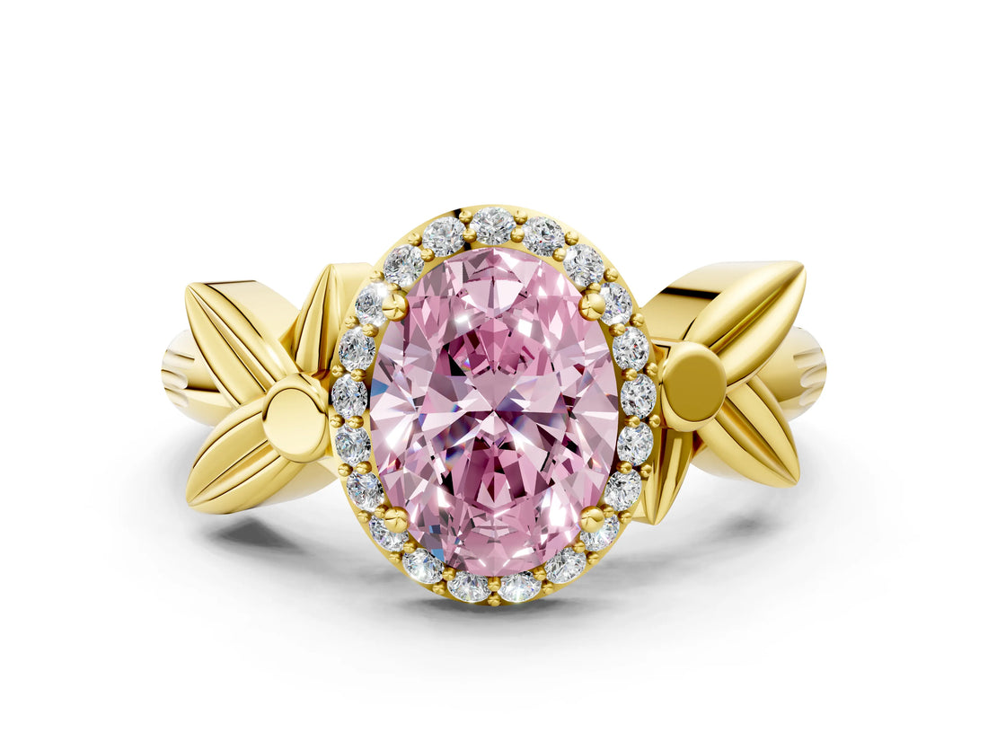 Yellow gold Fancy Pink Oval  Halo Diamond Floral Band with Four-Prong Setting_55
