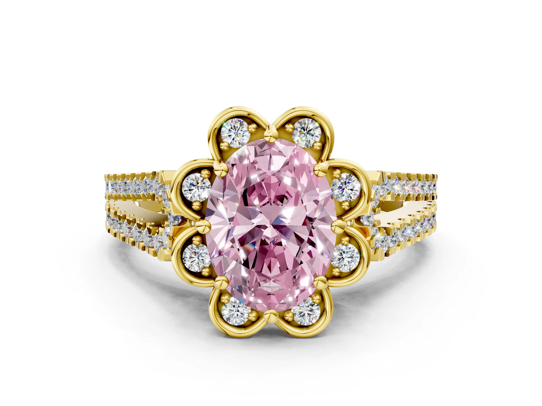 Yellow gold Fancy Pink Oval  Halo Diamond Floral Split Shank Engagement Ring 2
