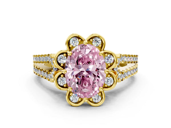 Yellow gold Fancy Pink Oval  Halo Diamond Floral Split Shank Engagement Ring