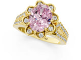 Yellow gold Fancy Pink Oval  Halo Diamond Floral Split Shank Engagement Ring 3