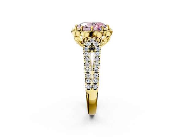 Yellow gold Fancy Pink Oval  Halo Diamond Floral Split Shank Engagement Ring