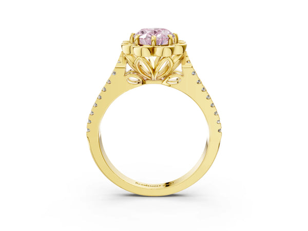 Yellow gold Fancy Pink Oval  Halo Diamond Floral Split Shank Engagement Ring