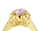 Yellow gold Fancy Pink Oval  Halo Diamond Floral Split Shank Engagement Ring