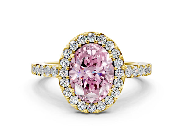 Yellow gold Fancy Pink Oval  Halo Diamond Pavé Solitaire Ring