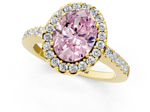 Yellow gold Fancy Pink Oval  Halo Diamond Pavé Solitaire Ring