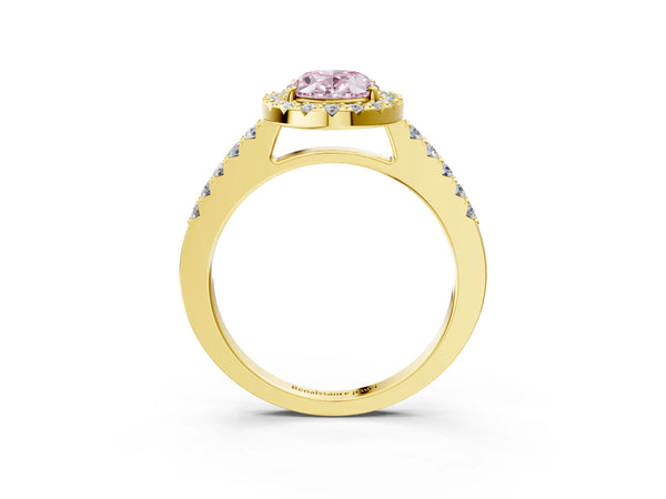 Yellow gold Fancy Pink Oval  Halo Diamond Pavé Solitaire Ring