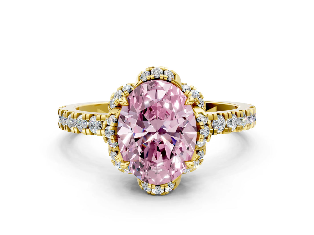 Yellow gold Fancy Pink Oval  Halo Diamond Pave Band Ring with Four-Prong Setting_15
