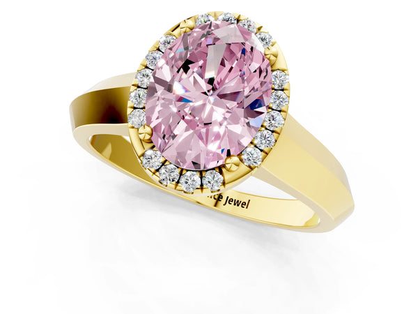 Yellow gold Fancy Pink Oval  Halo Diamond Ring with Cathedral Band and Four-Prong Setting