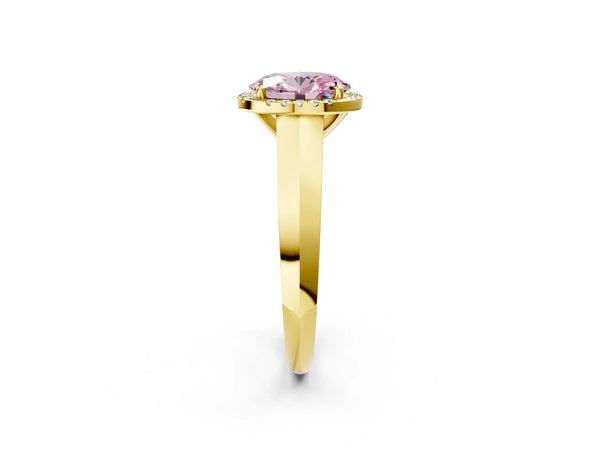 Yellow gold Fancy Pink Oval  Halo Diamond Ring with Cathedral Band and Four-Prong Setting