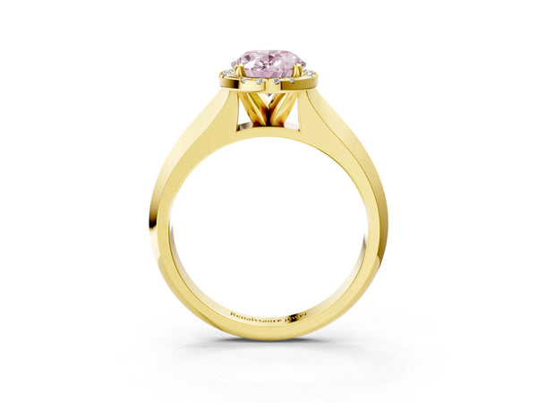 Yellow gold Fancy Pink Oval  Halo Diamond Ring with Cathedral Band and Four-Prong Setting
